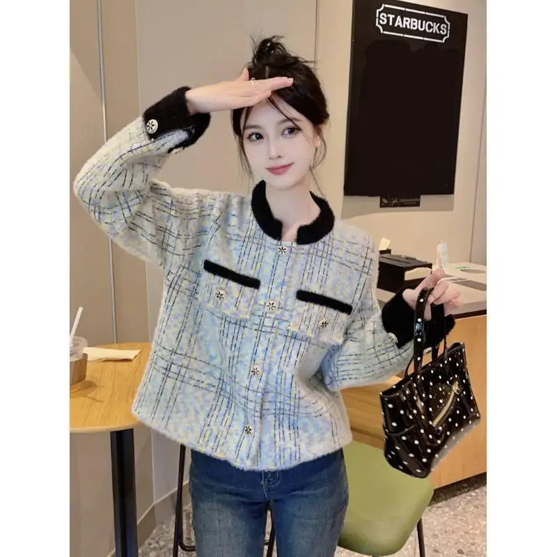 Contrast Plaid Button Patchwork Elegant Cardigan Autumn Winter New Long Sleeve Loose Temperament Tops Korean Trend Women Clothes