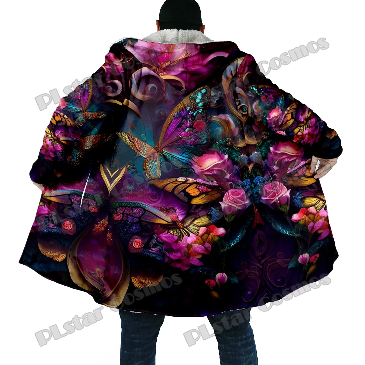 Mantello da uomo moda invernale farfalla e fiori 3D All Over stampato in pile spesso con cappuccio mantello Unisex Casual caldo mantello DP42