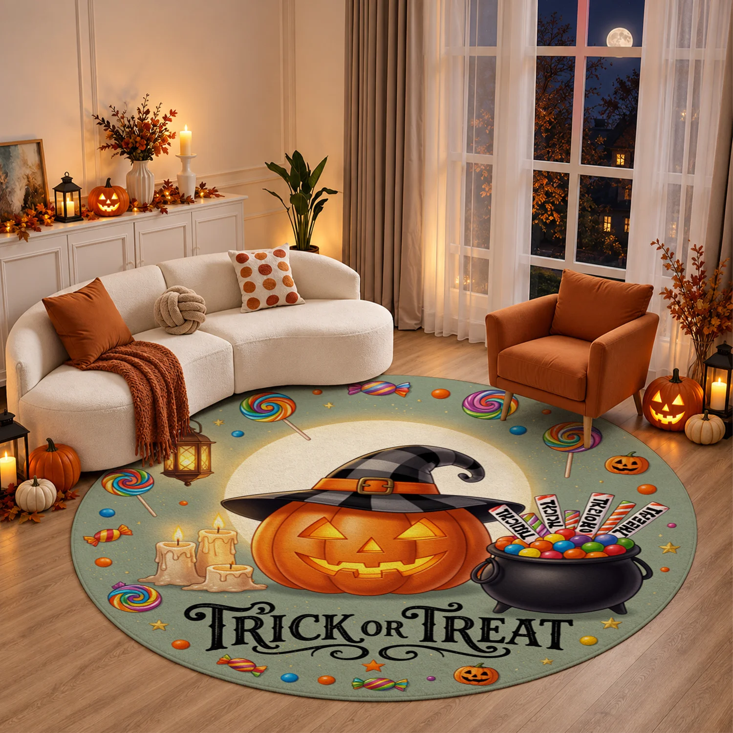 Halloween Trick or Treat Jack-o'-lantern Candy Witch Hat Pattern Round Velvet Floor Rug, Machine Washable Soft Velvet Mat for Entryway Living Room Bedroom Porch, Ideal for Halloween Thanksgiving Christmas New Year Black Friday Cyber Monday Decor