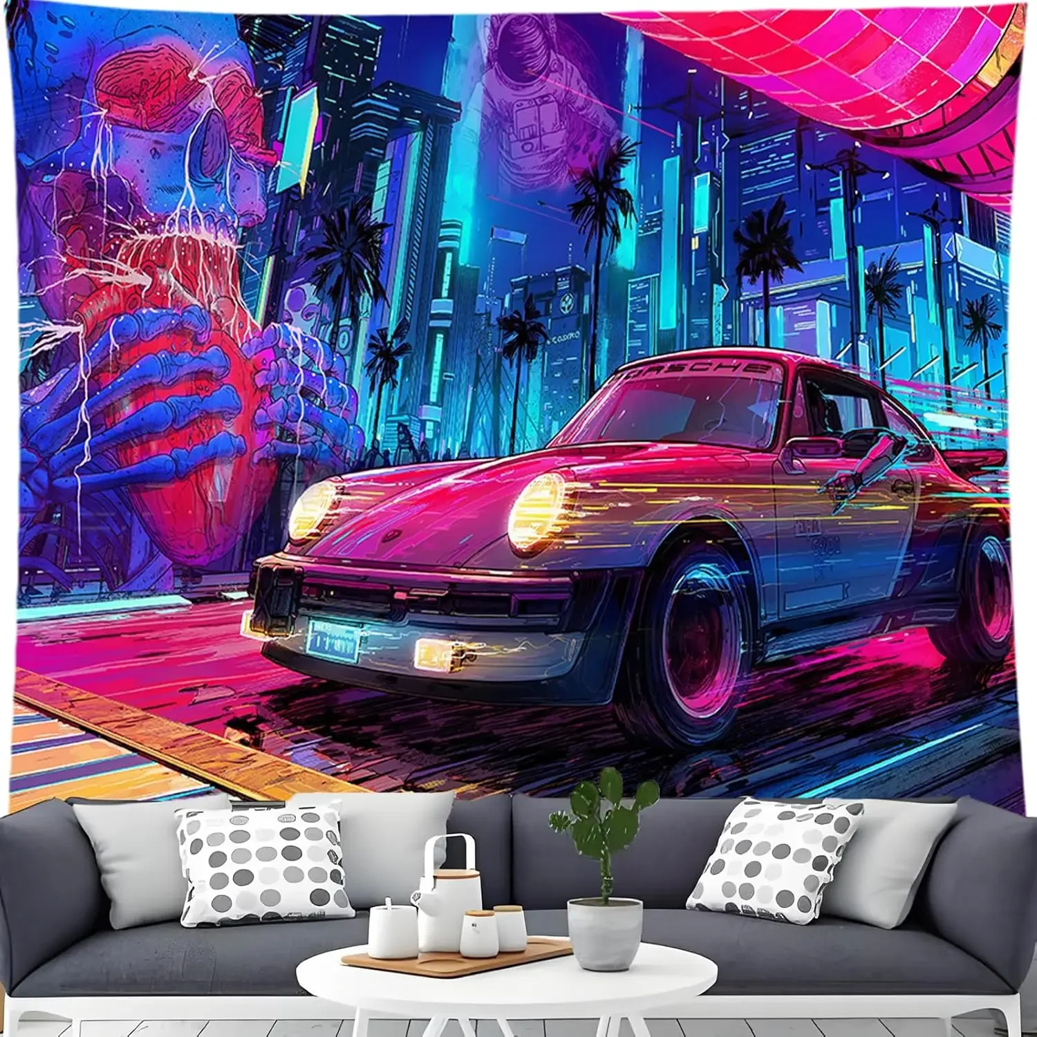 Punk Tapestry, Futuristic City and Cool Astronaut Wall Hanging, Anime Decoration for Dormitory Living Room 70X100CM