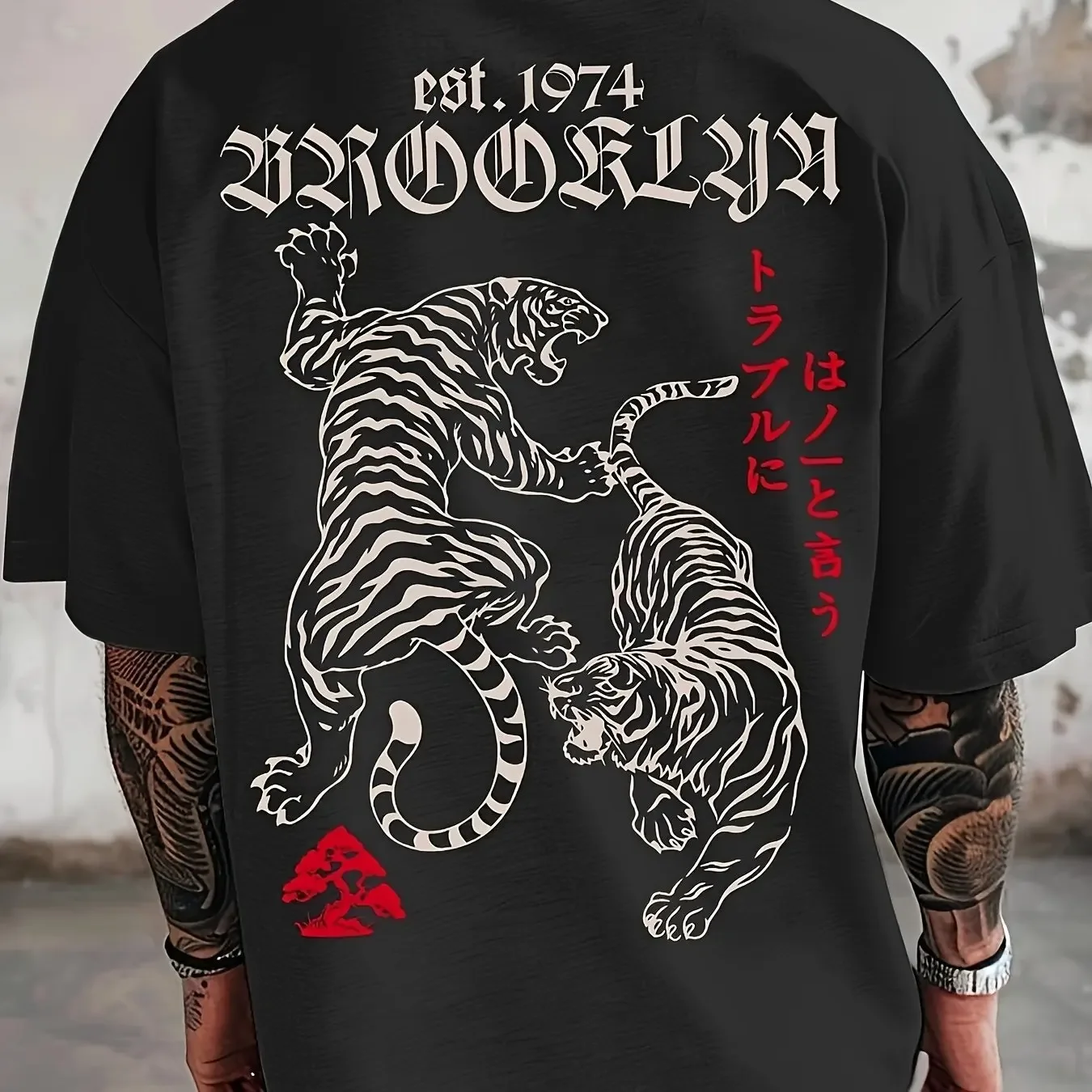 Men's Vintage Tattoo Style T-Shirt 100% Cotton Japanese Tiger Graphic Print Short Sleeve Streetwear Tee