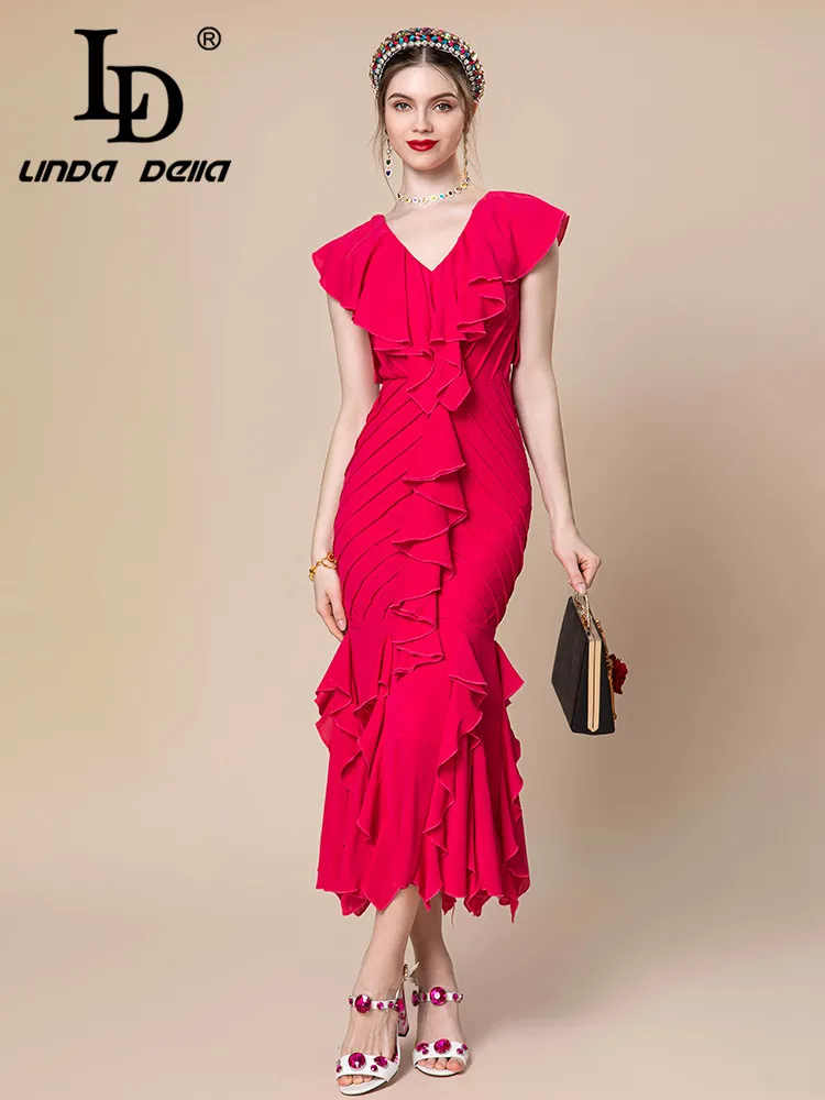 Imagem -04 - Linda Della-vestido para Mulheres Rosa Vermelho Decote em v Slim Fit Plissado Listrado Irregular Viagem Moda Verão ld