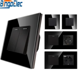 Light Switch LED Indicator black Crystal Glass Panel 1/2/3Gang Wall Push Button switch EU Socket With Switch 250V