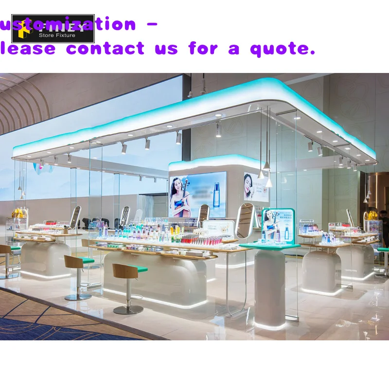 

Дизайн интерьера косметического магазина в торговом центре: роскошный киоск для демонстрации косметики, витрина для магазина косметики.