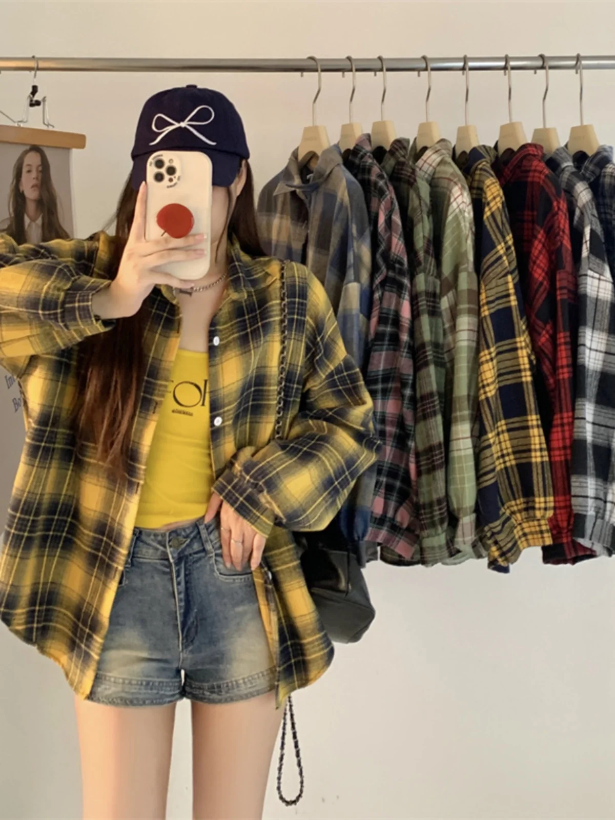 

High-End Plaid irt Women's Faion Design Versatile Outerwear Retro Sle Long Sve Sweet Sle Regular Length