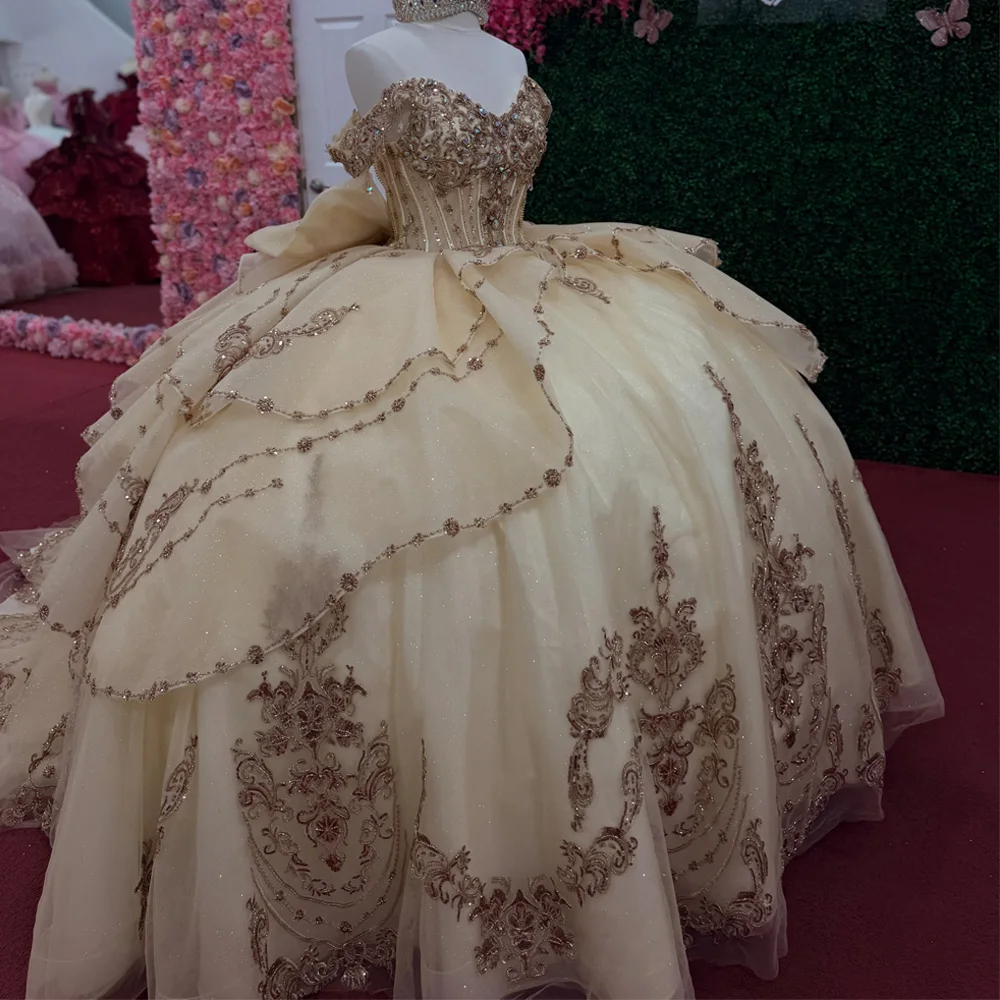 Champagne Gold Quinceanera Dress Ball Gown Off Shoulder Gold Embroidery Beaded Crystal with Big Bow Sweet 15 Vestidos De XV Año