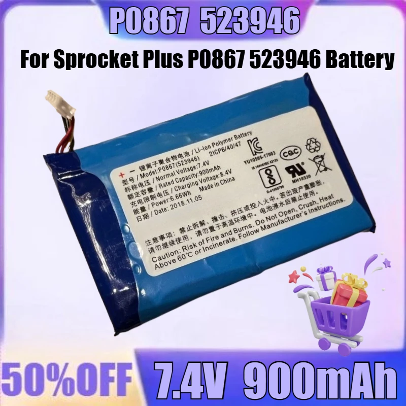 New P0867 7.4V 900mAh High Quality Battery for Sprocket Plus P0867 523946 Battery Printer Battery