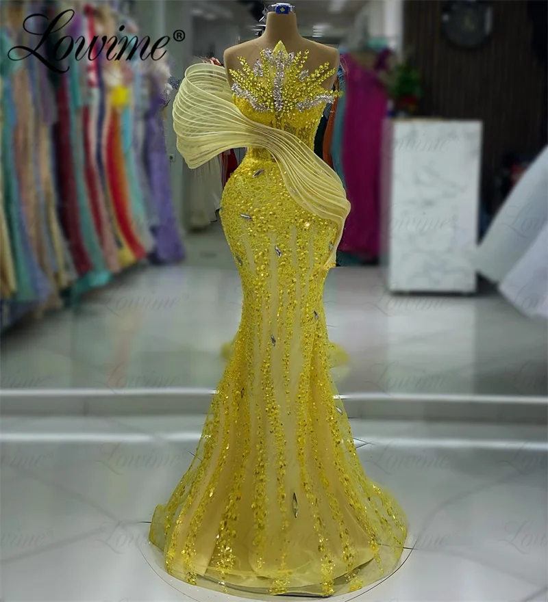 Vestido de noche con hombros descubiertos, traje de tela brillante con cristales brillantes, color amarillo, sirena, árabe, para fiesta de boda, 2024