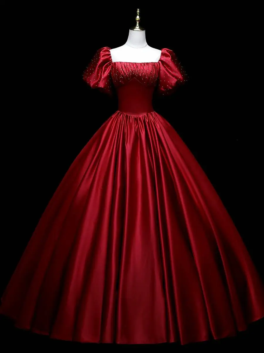 

Red Satin Evening Gown Slim Fit Solo Vocal Performance Costume Puffy Skirt Student Art Exam Host Evening Dr Long Skirt