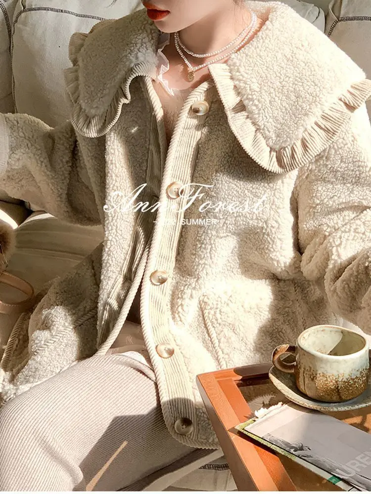 Plush Coat High-End Ruffled Doll Collar Retro 2024 New Loose And Cute Wool Coat Winter Lamb Wool Coat