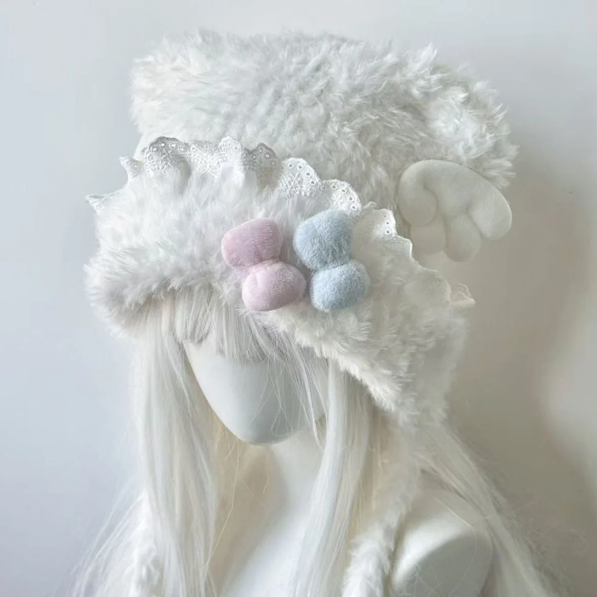 여성 수제 블루와 핑크 퍼지 고양이 귀 모자 레이스 캔디 리본 모자 Y2K 따뜻한 날개 귀마개 KC 소녀 하트 다용도 플러피 모자