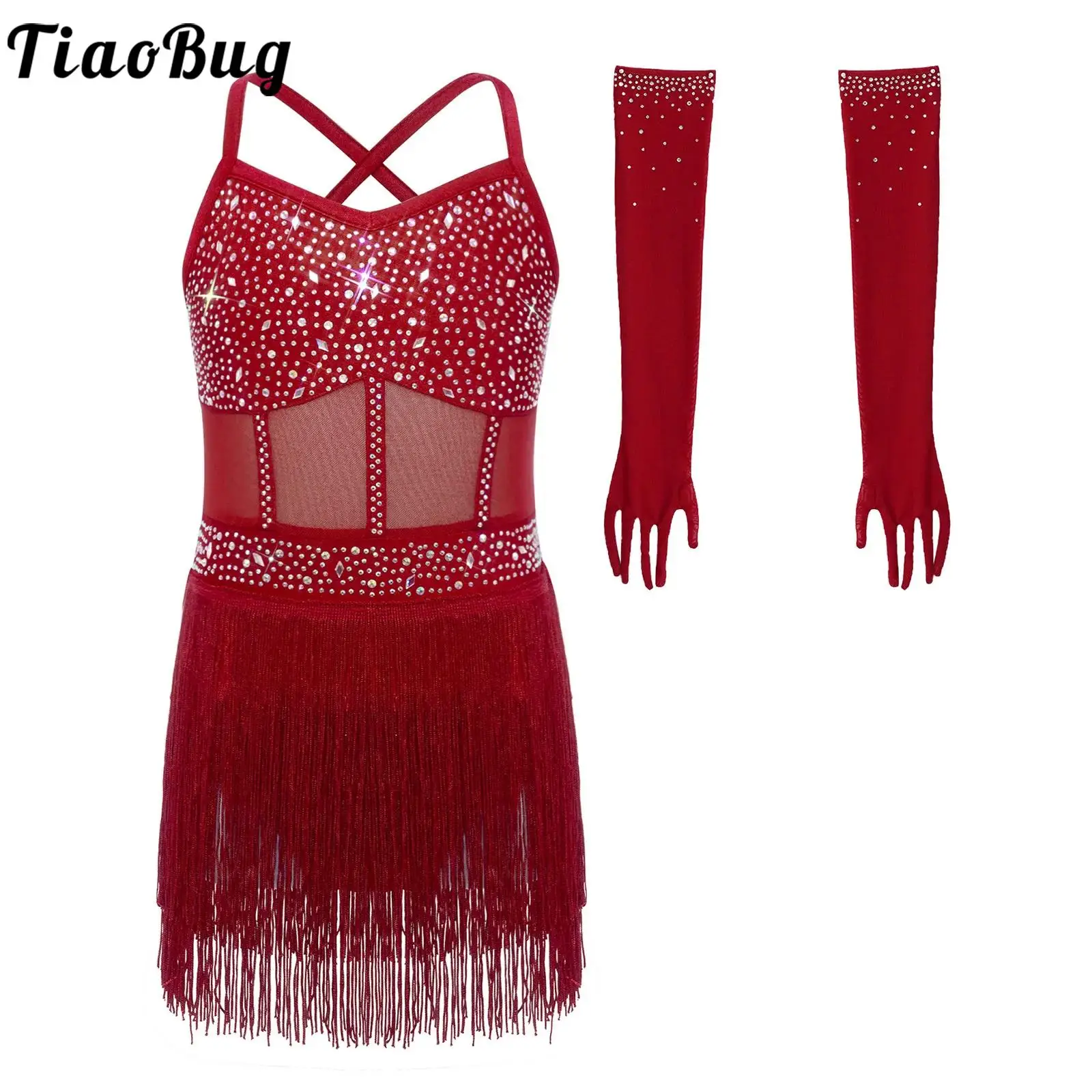 

Kids Girls Latin Tango Salsa Cha-cha Dance Outfit Sleeveless Tiered Tassel Leotards with Mesh Gloves Jazz Dance Performance Sets