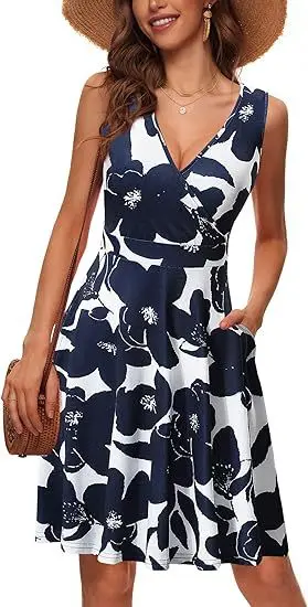 2025 Spring and Summer Dress Fashion V-neck Printed Pocket Sleeveless Casual Pullover High-waist Red Dress