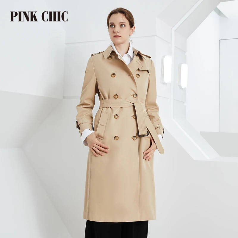 PINK CHIC New British Spring Autumn Windbreaker Women Lapel Collar Double Breasted Waist Belt Commuting Coat Grace Trench 667-1