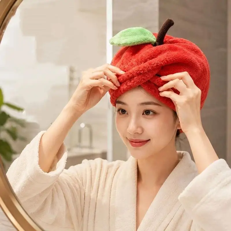 Cute Fruit Print Coral Fleece Hair Cap Thick Super Absorbent Fast Dry Shower Hair Drying Towel