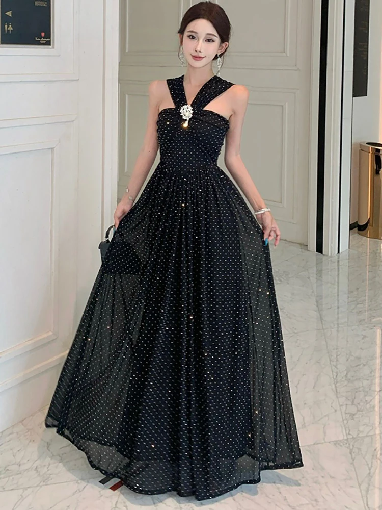 

2025 Black Mesh Polka Dot Chic Diamonds Slash Neck Sexy Dress Women Elegant Luxury Gown Autumn Winter Korean Bodycon Party Dress