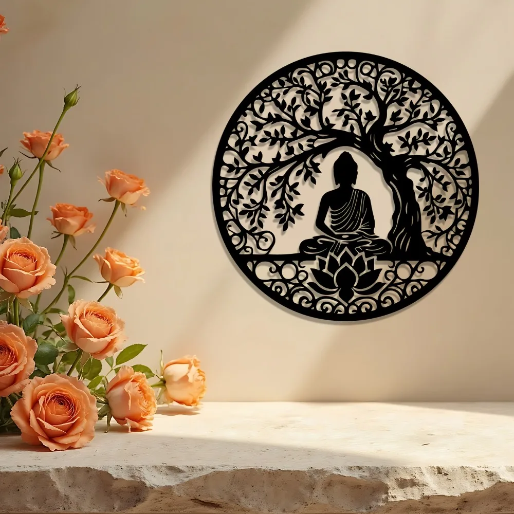 Weatherproof Lotus Buddha Tree Metal Wall Hanging Spiritual Outdoor Art for Garden Fence Meaningful Gift for Diwali Vesak