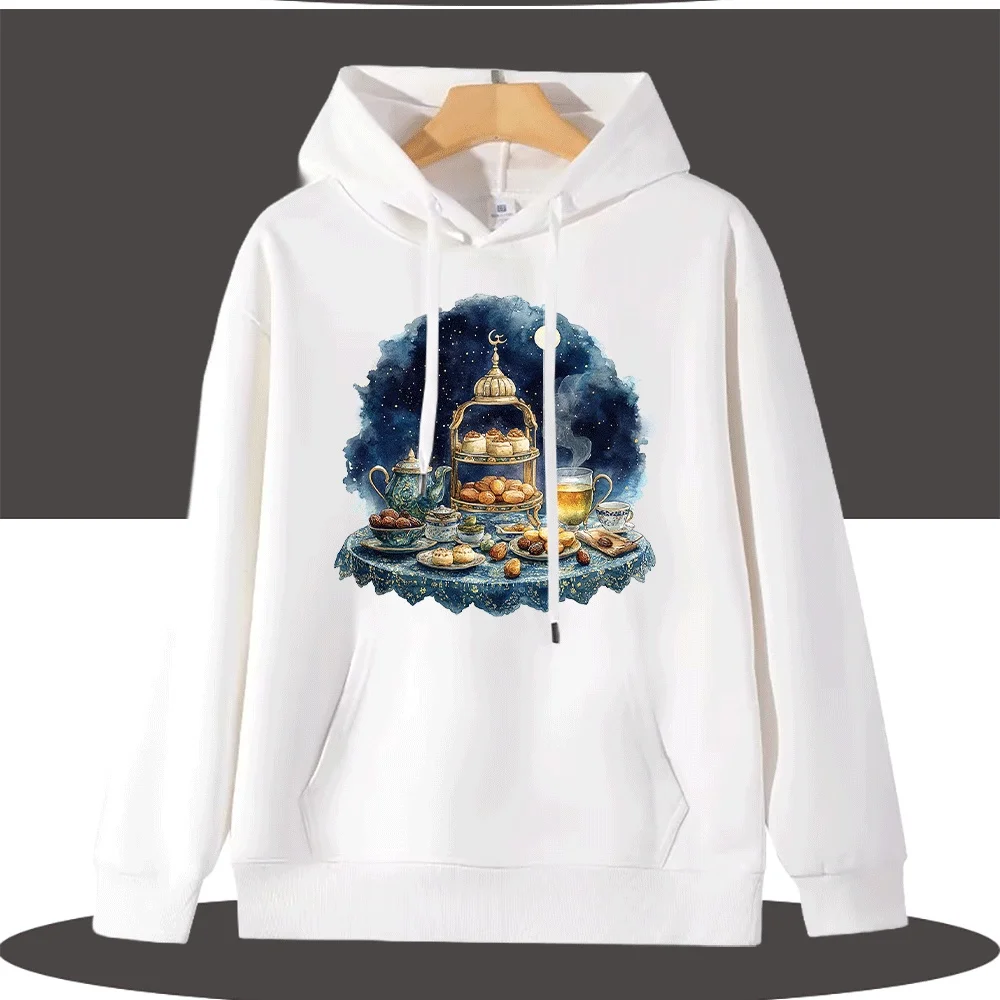 

Семейные толстовки на Ид аль-Фитр, пуловеры с акварельным узором «Ночной чайный столик и десерты» для родителей и детей