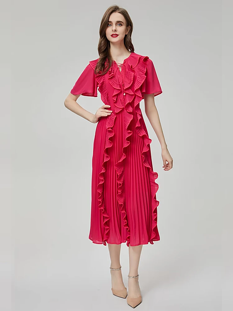 

Runway Ladies Summer High Quality Fashion Party Rose Red Blue Ruffle Slim Fit Unique Casual Elegant Pretty Classic Midi Dress