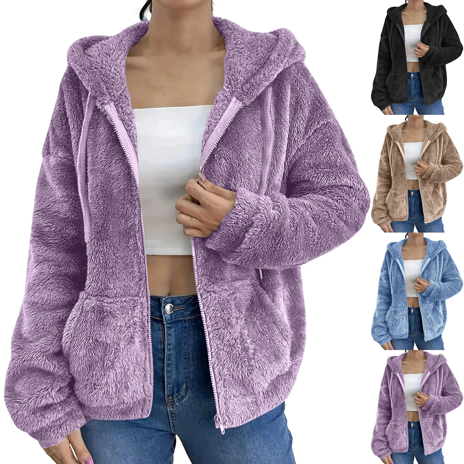 

Women's Fashion Cardigan Jacket Casual Solid Color Pocket Hooded Zippered Pullover Loose Fuzzy Outerwear Oversized Hooded