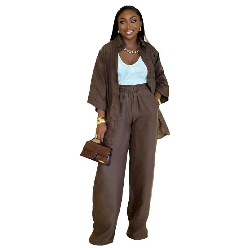Fashion Solid Color Button Long Sleeve Shirt Pocket Wide-leg Pants Sets Women Summer Shirt Wide-leg Pants Sets For Women 2025