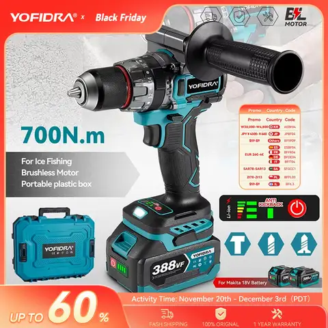 YOFIDRA 13mm 20+3 토크 브러시리스 전기 드릴 스크루드라이버 얼음/바닥 풀림용 임팩트 드릴 (마키타 18V 배터리 핀용)