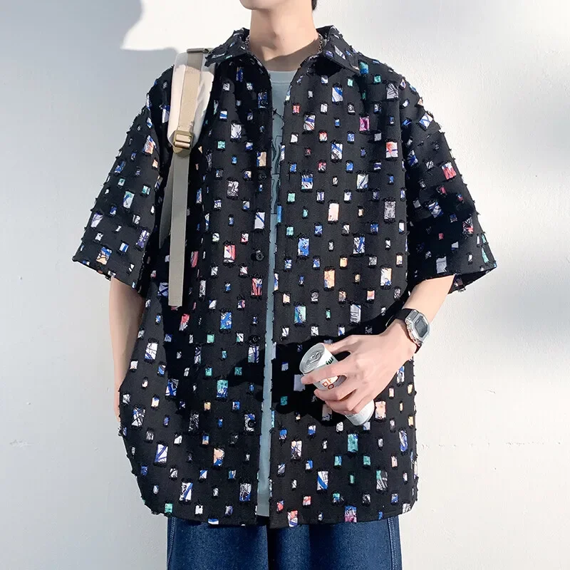 Pop Summer Cotton Short Sleeved Shirt Men White Casual Shirt Men Streetwear Hollow Out Shirt Mens Hole Plaid Shirts Large Size 5