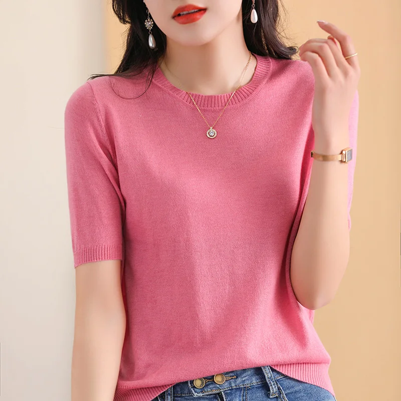 100% Merino Fine Wool Knitted Round Neck Short Sleeve Basic Versatile Women\'s Thin 2023 Summer Premium Special Top T-Shirt