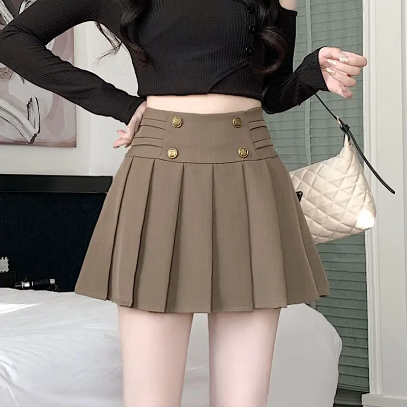 

Милая осенне-зимняя женская однотонная плиссированная юбка трапециевидной формы с высокой талией и двойной пряжкой на молнии, винтажная модная тонкая плиссированная юбка