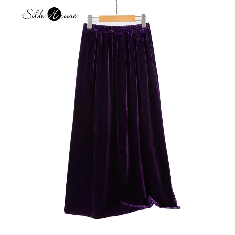 

Hepburn 30% Natural Mulberry Silk Velvet Slit Women's Fashionable Autumn and Winter Style Elastic High Waisted Deep Purple Skirt