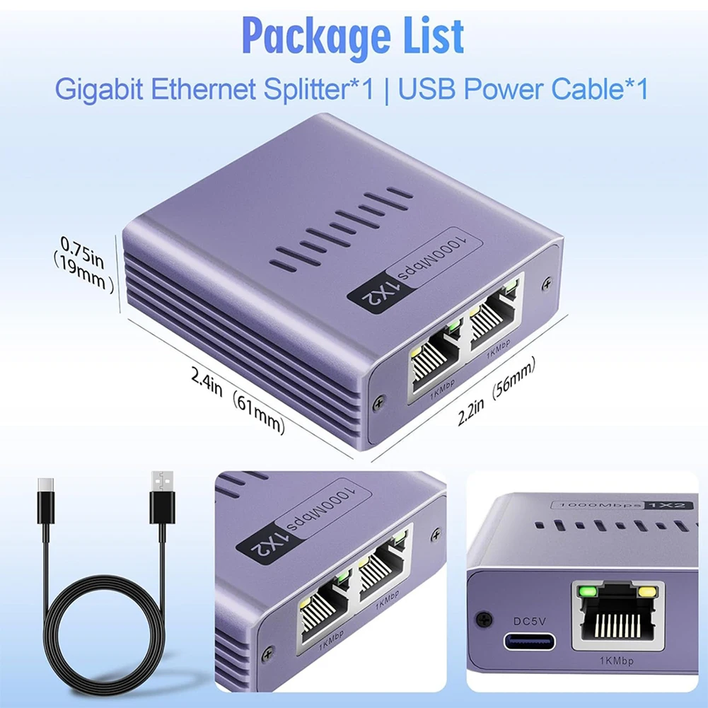 Divisor Gigabit Ethernet 1 a 2/3/4 divisor LAN 1000Mbps RJ45 LAN divisor de Internet con Cable de alimentación tipo c para Cable Cat6/7/8