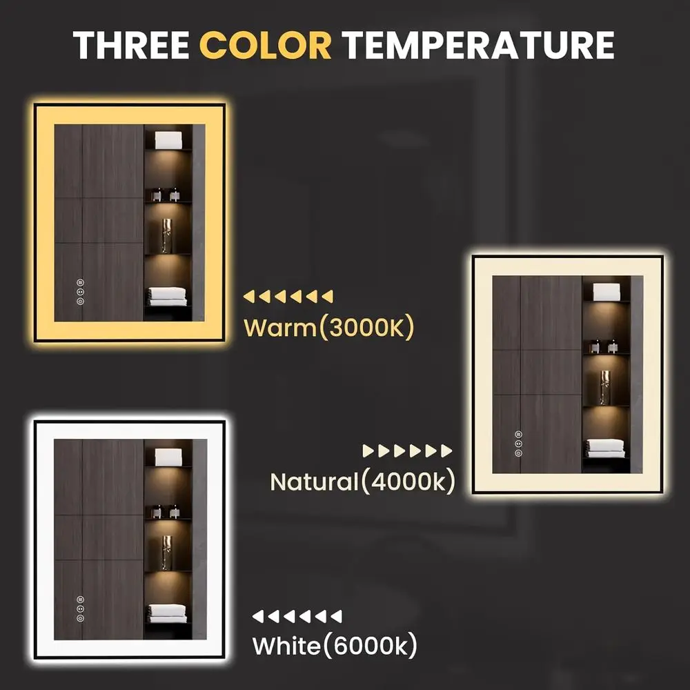 24x30 Inch Black Framed LED Bathroom Mirror with Anti-Fog, Dimmable Lighting, Tempered Glass and Memory Function