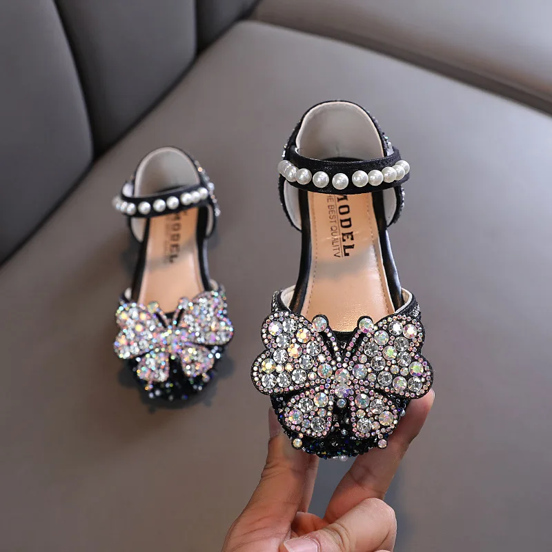 New Girls Sandals Bling Butterfly Princess Party Dance Shoes Student Flats Kids Performance Shoes Children Pearl Wedding H250