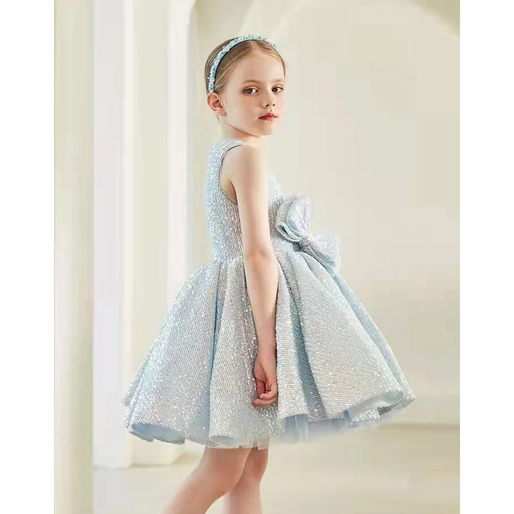 High Quality Baby Girls Princess Dress Bow Knot Luxury Shiny Blue Little Kids Birthday Wedding Party Nightgown