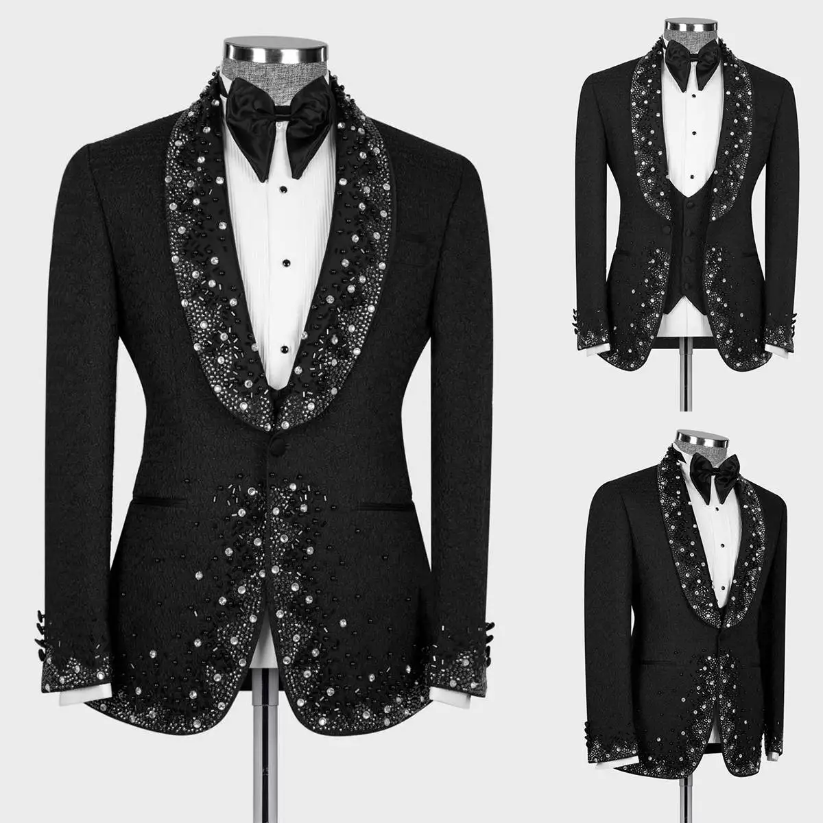 Modern Wedding Men's Suits Tailored Beads 2-Piece Jacquard Blazer Pants Customized Plus Size Tuxedo Trajes Para Hombre Groom