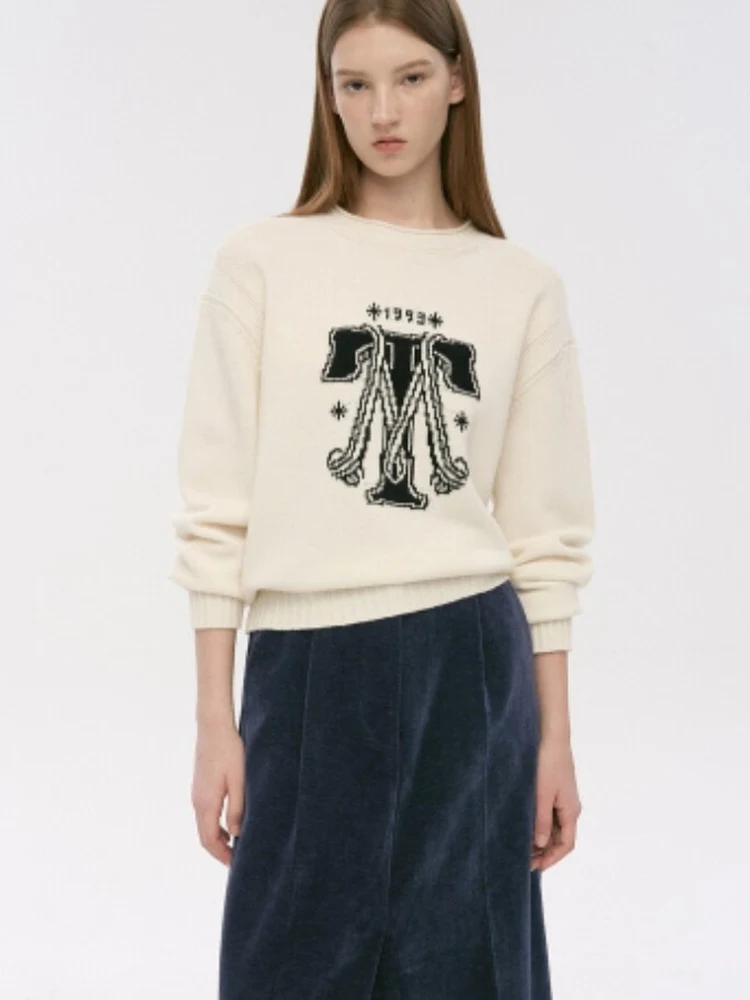 Cseta de Punto Cómoda de Manga Larga con Cuello Redondo y Letra T, Ajuste Hoado, Estilo Coreano Informal, Novedad de Inv...