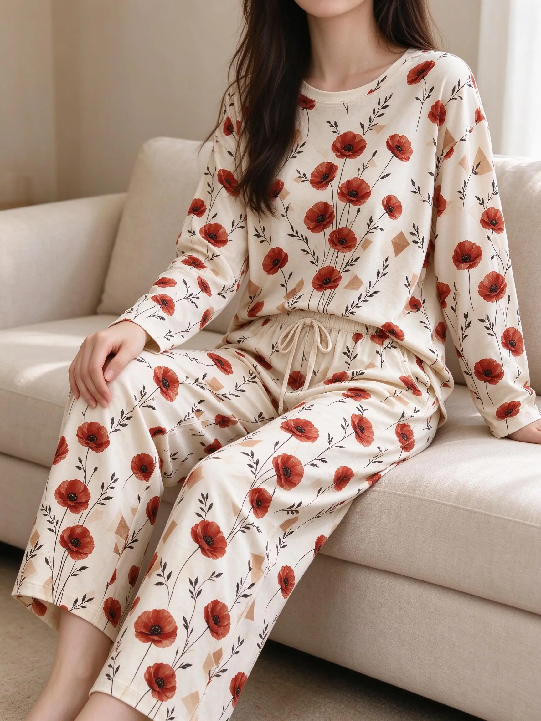 Women Imitation Cotton Pajama Set Cream Base Red Poppy Floral Print Round Neck Long Sleeve 2PCS Sleepwear Loungewear