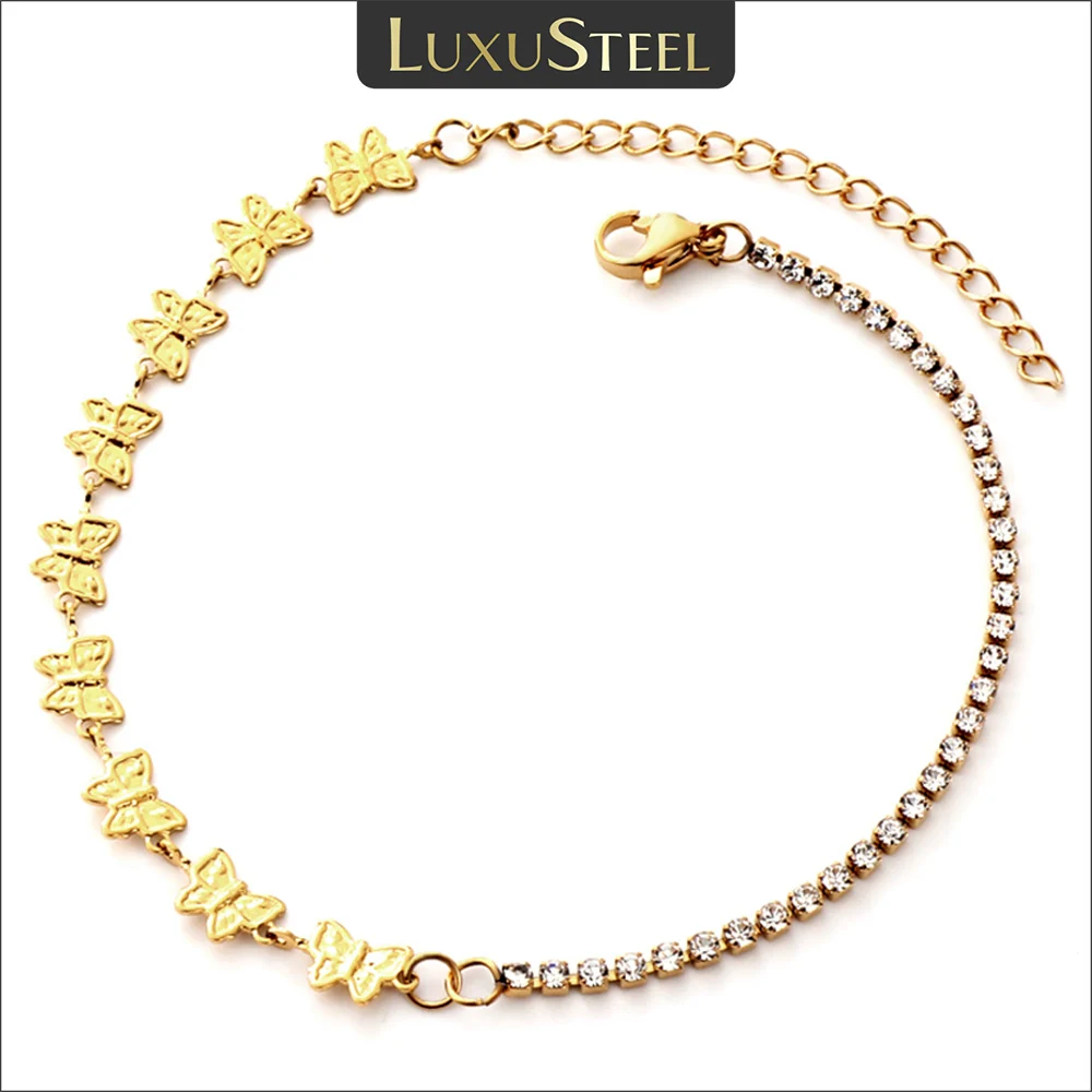 LUXUSTEEL 2023 버터플라이 참 크리스탈 발찌 여성용, 라인석 테니스 발 체인, 스테인리스 스틸 맨발 체인, 패션
