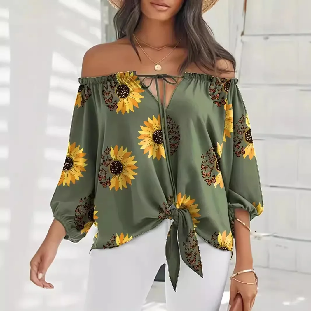 Women Off Shoulder 3/4 Sleeve Blouse Casual Sunflower Front Bow Tie Slash Neck Pulldver Vacation Shirts  Sissy Sissy Blouse Tops