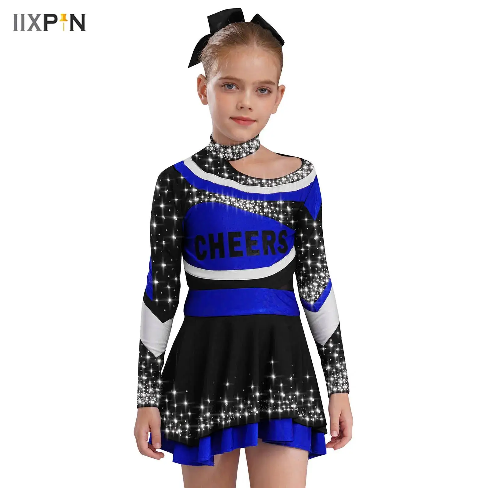 

Kids Girls Cheerleading Outfits Long Sleeve Letter Print Rhinestones Shirt Top+Skirt+Bowknot Headwear+Striped Socks+Flower Balls