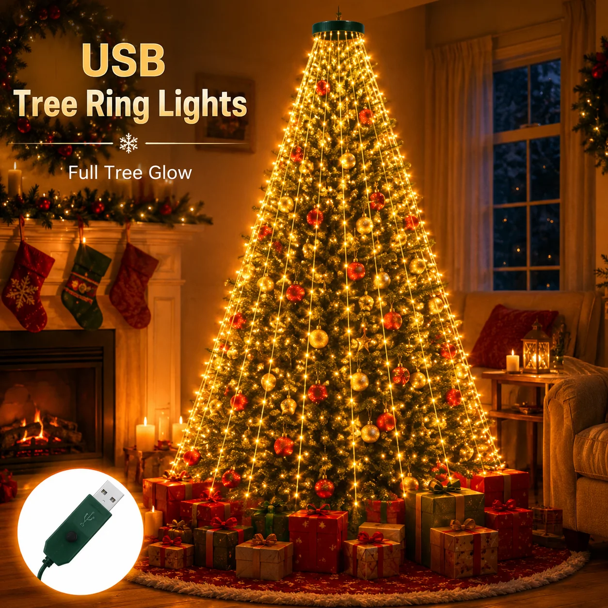 USB Christmas Tree Lights Ring Fairy String Lights 220/400LED 8 Modes Easy Setup for Xmas Tree Indoor Holiday Party Decor