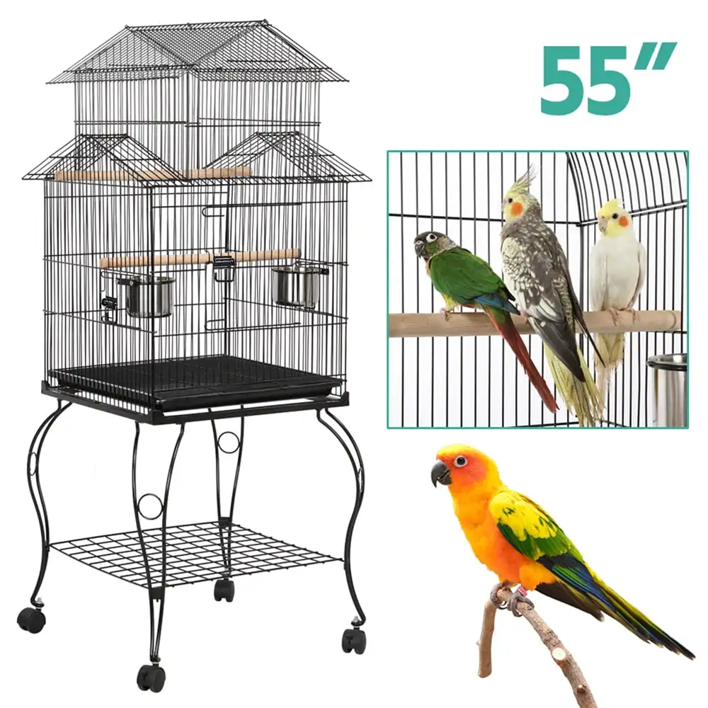 

55''H Rolling Metal Bird Cage with Detachable Stand,Black