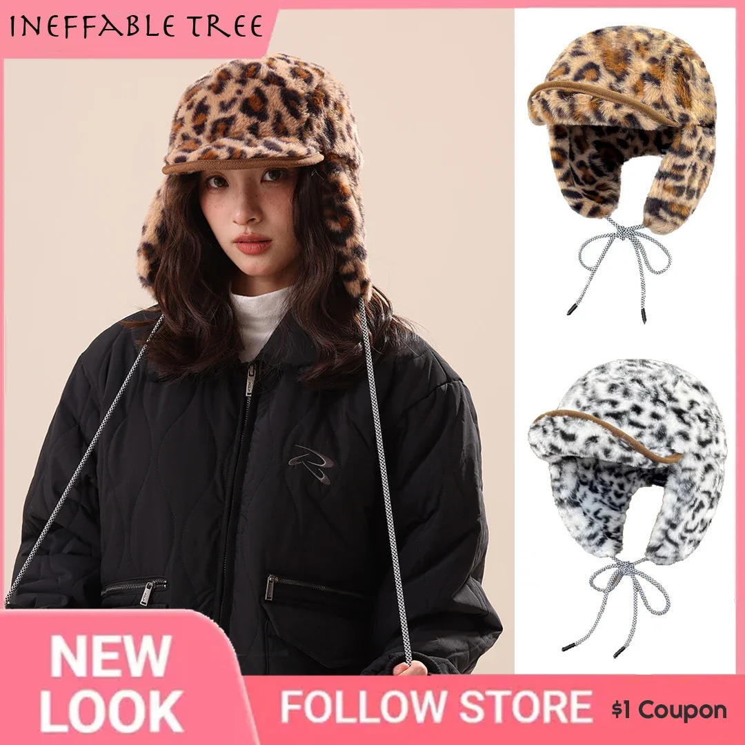 

Leopard Print Plush Pilot Hats for Men Women Winter Travel Versatile Ski Ear Protection Warm Fluffy Bomber Cap Sombrero De Mujer