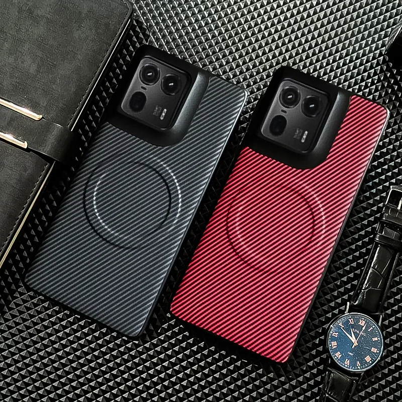 حافظة مغناطيسية لهاتف موتورولا موتو إيدج 60 50 60S S50 Pro Fusion Ultra جلدية من ألياف الكربون غطاء نسيج لـ Magsafe Chagre Shell