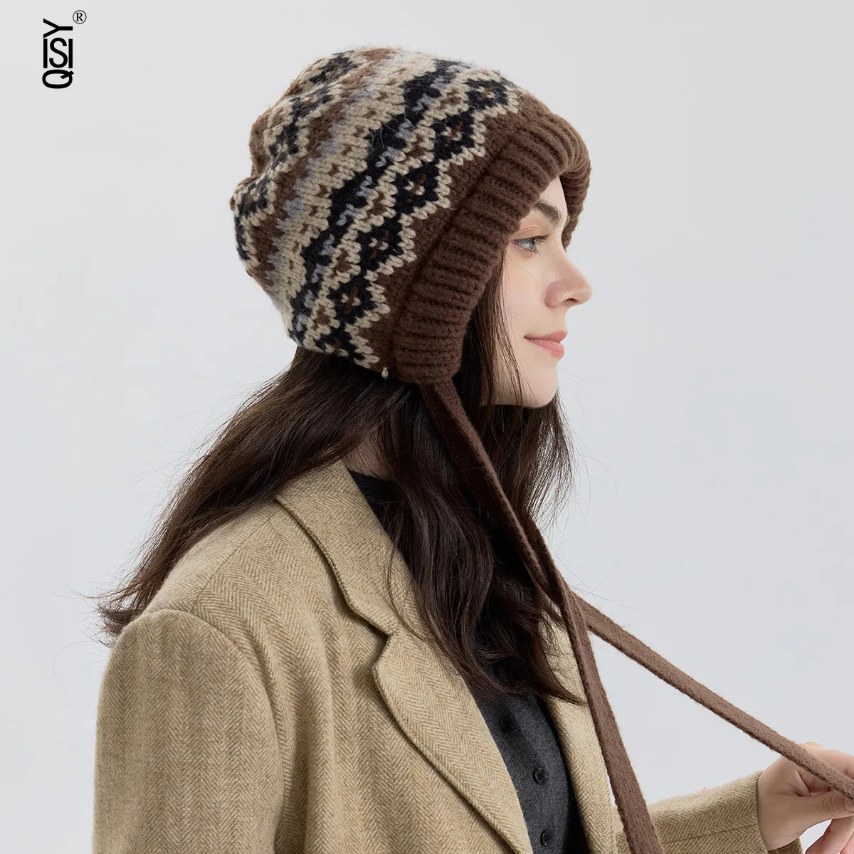 

Fair Island Patterned Knitted Strap Bag, Hat, Ear Protection, Windproof and Warm Women's Winter Woolen Hat