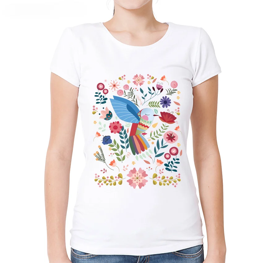 AMEITTE Summer Tops Women Bird and Flowers Print T Shirts Base O-Neck Short Sleeve Female Tshirt All-match White Tee Shirt Femme