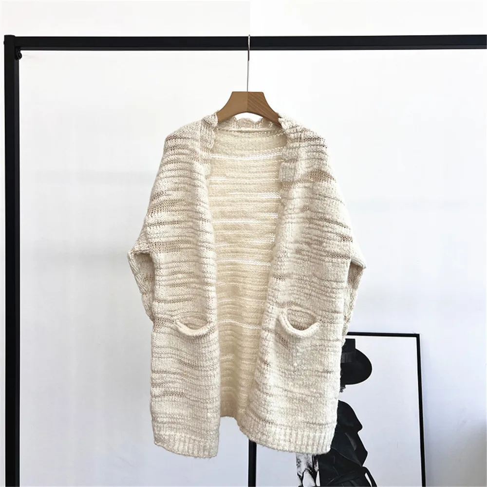 

New Autumn And Winter Women's Cardigan Without Buttons Long Sleeved Pocket With Hollowed Out Loose Wool Blend Knit Jacket