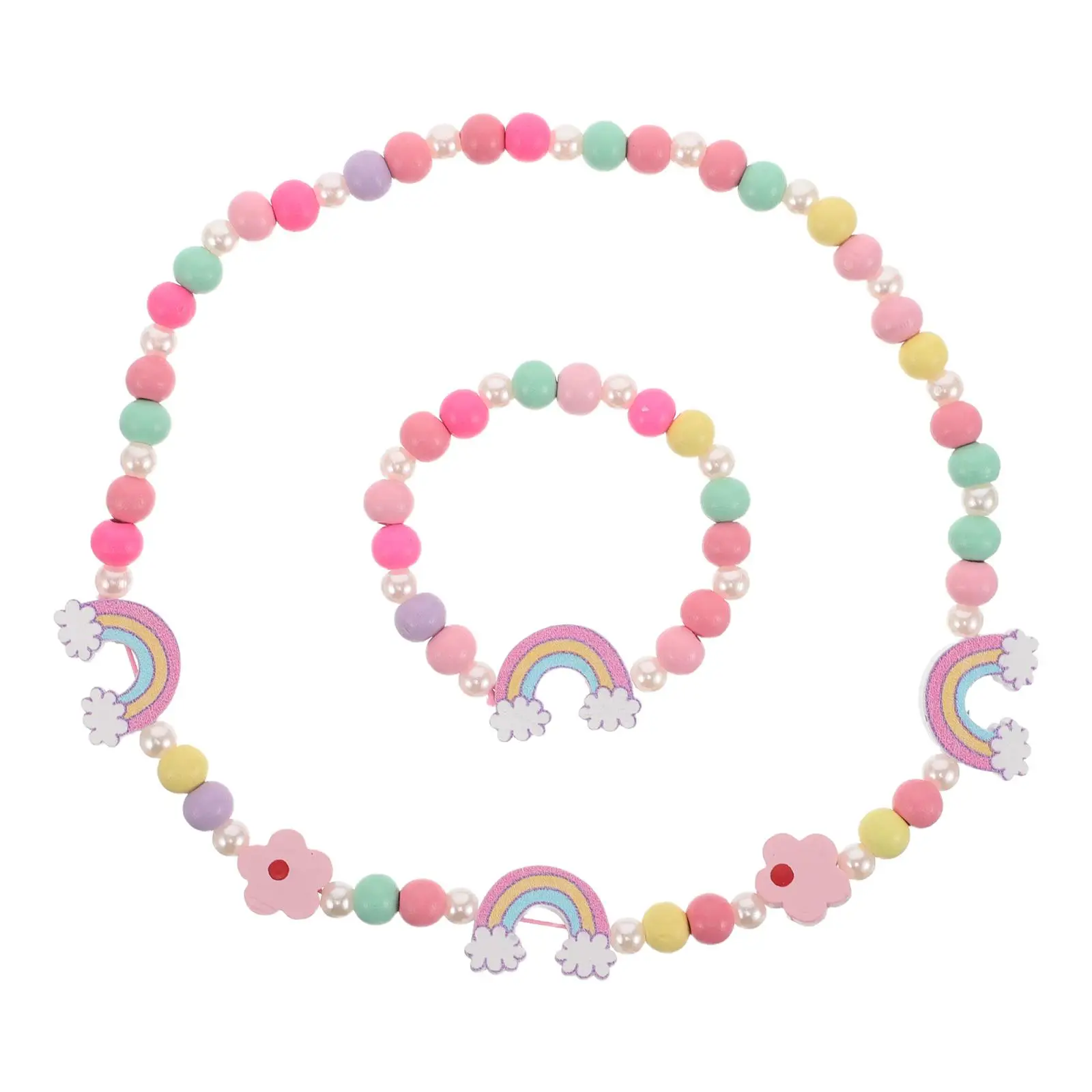 

Children's Bracelet 2pcs Mixed Color Beads DIY Natural Wood Teen Girls Summer Boho Jewelry Toddler Charm Necklace Set