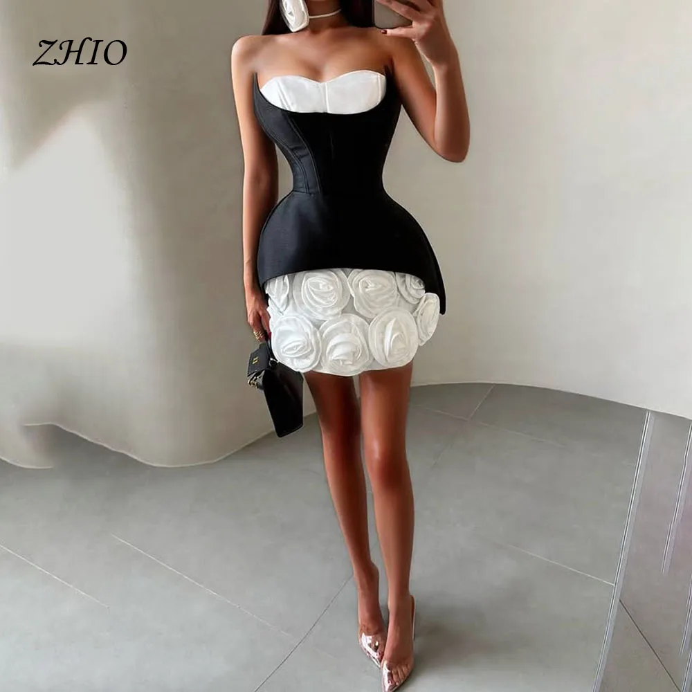 

ZHIO High Quality Sexy Strapless 3D Flower Designer Women's Party Dress A Line Evening Party Birthday Elegant Cocktail Dresses