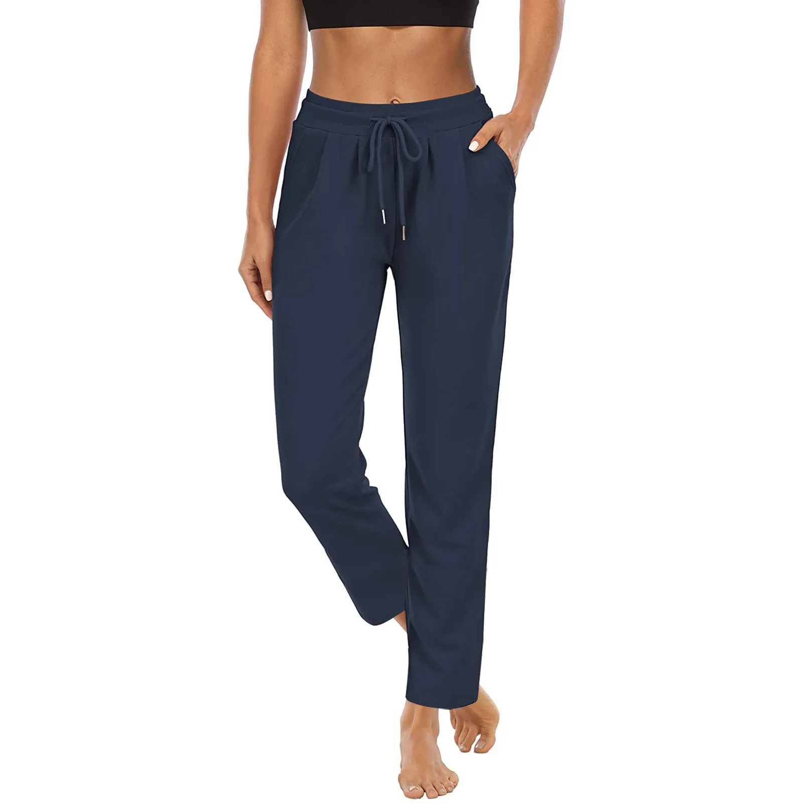 High Waist Casual Sports Fitness Yoga Pants Women's Cross-Border Pure Color Pocket Long Trousers Commute Style PVC Cotton